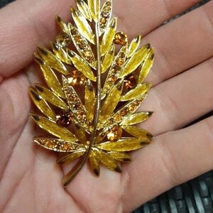Vintage CM JENT Gold Leaf Brooch with Amber Accents